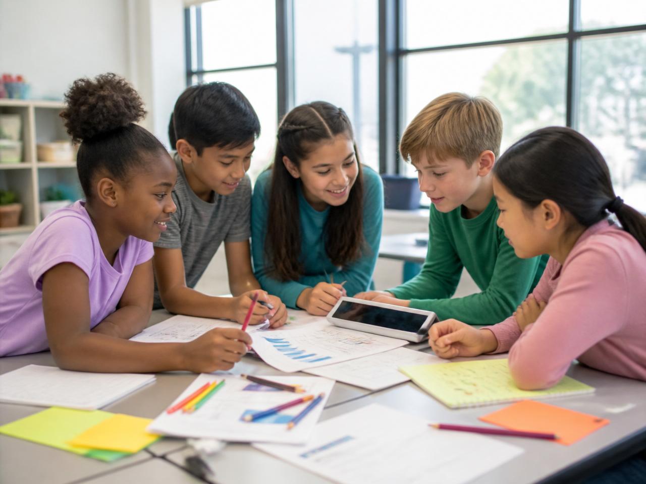 Diverse kids collaborating on a hands-on project around a classroom table
