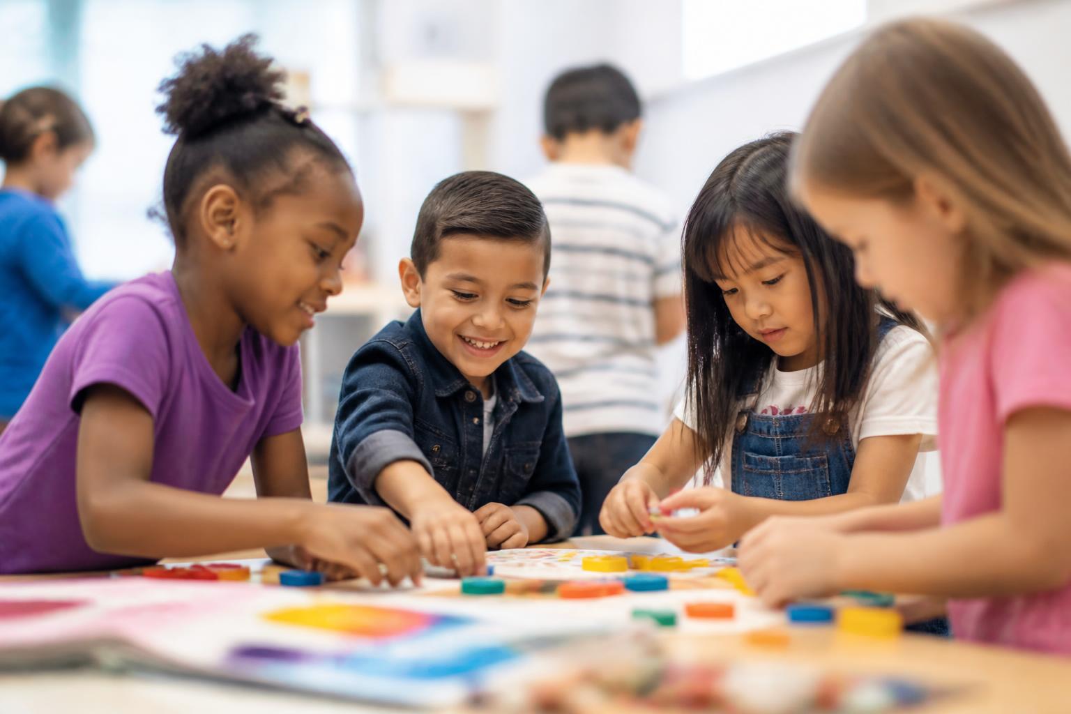 Diverse group of children exploring hands-on learning activities together